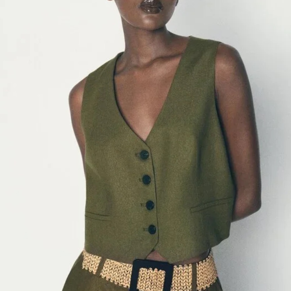NWT Zara Vest Waistcoat Green Khaki Linen Blend Womens Small Sleeveless Button